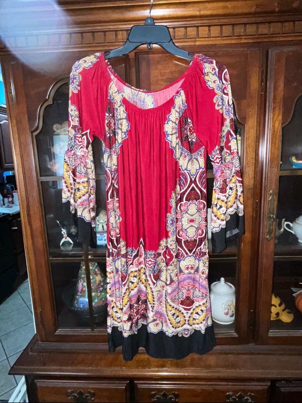 Women’s Medium Red Paisley Boho Tunic Dress 3/4 Sleeve Scoop Neck Stretchy Hem